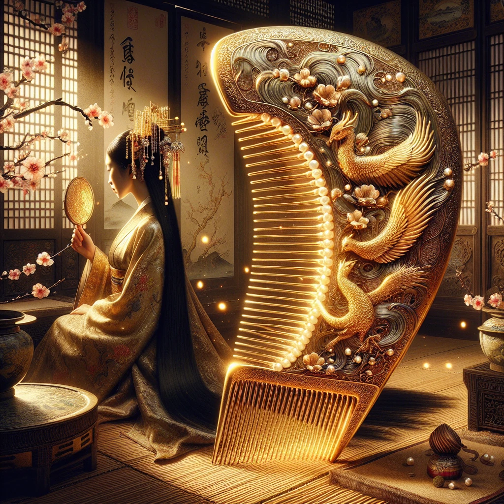 An elegant golden comb with intricate engravings floating in magical light, while a young woman in traditional Japanese dress learns the true meaning of beauty through acts of kindness