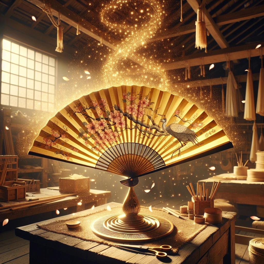 A beautiful golden folding fan floating gracefully in the air, radiating warm golden light and creating gentle breezes that carry cherry blossoms and good fortune through a traditional Japanese workshop