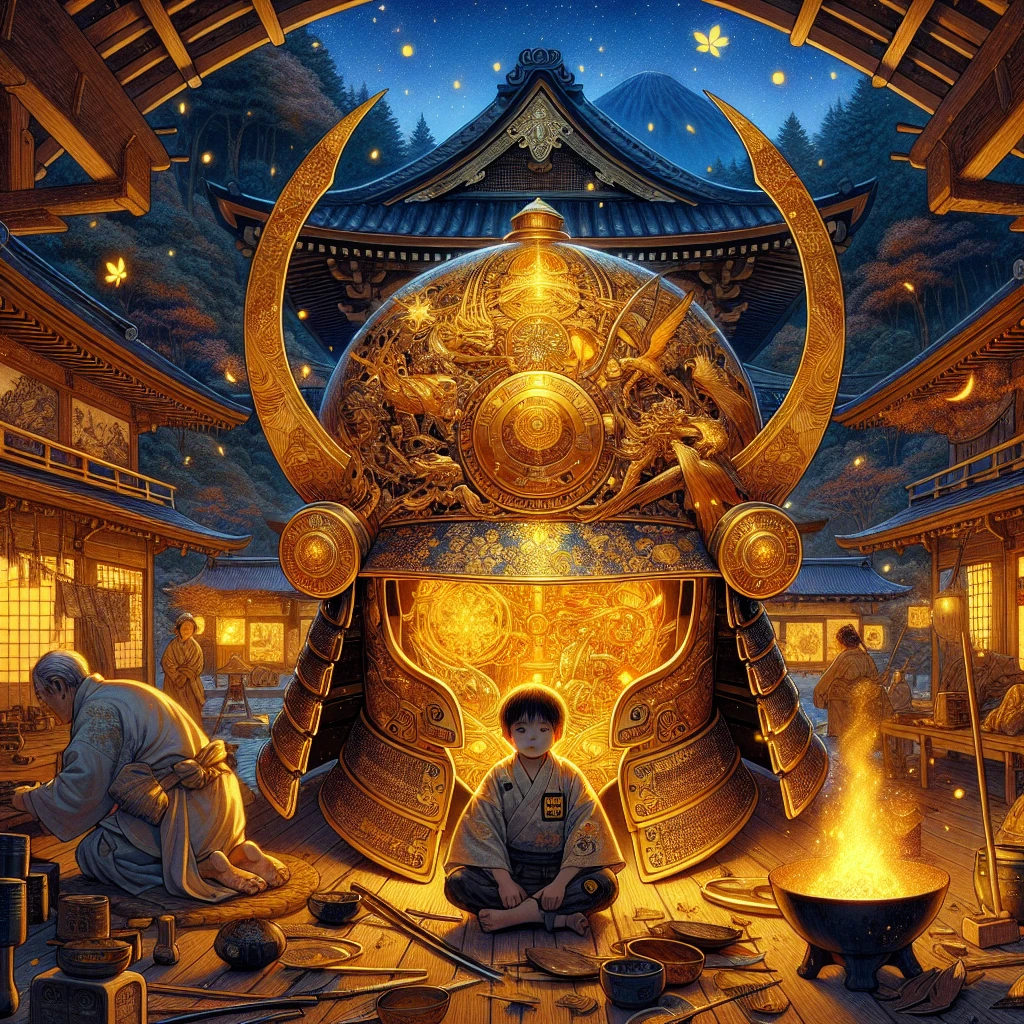 A young farm boy wearing a magnificent golden helmet that glows with divine light, facing a massive shadow demon