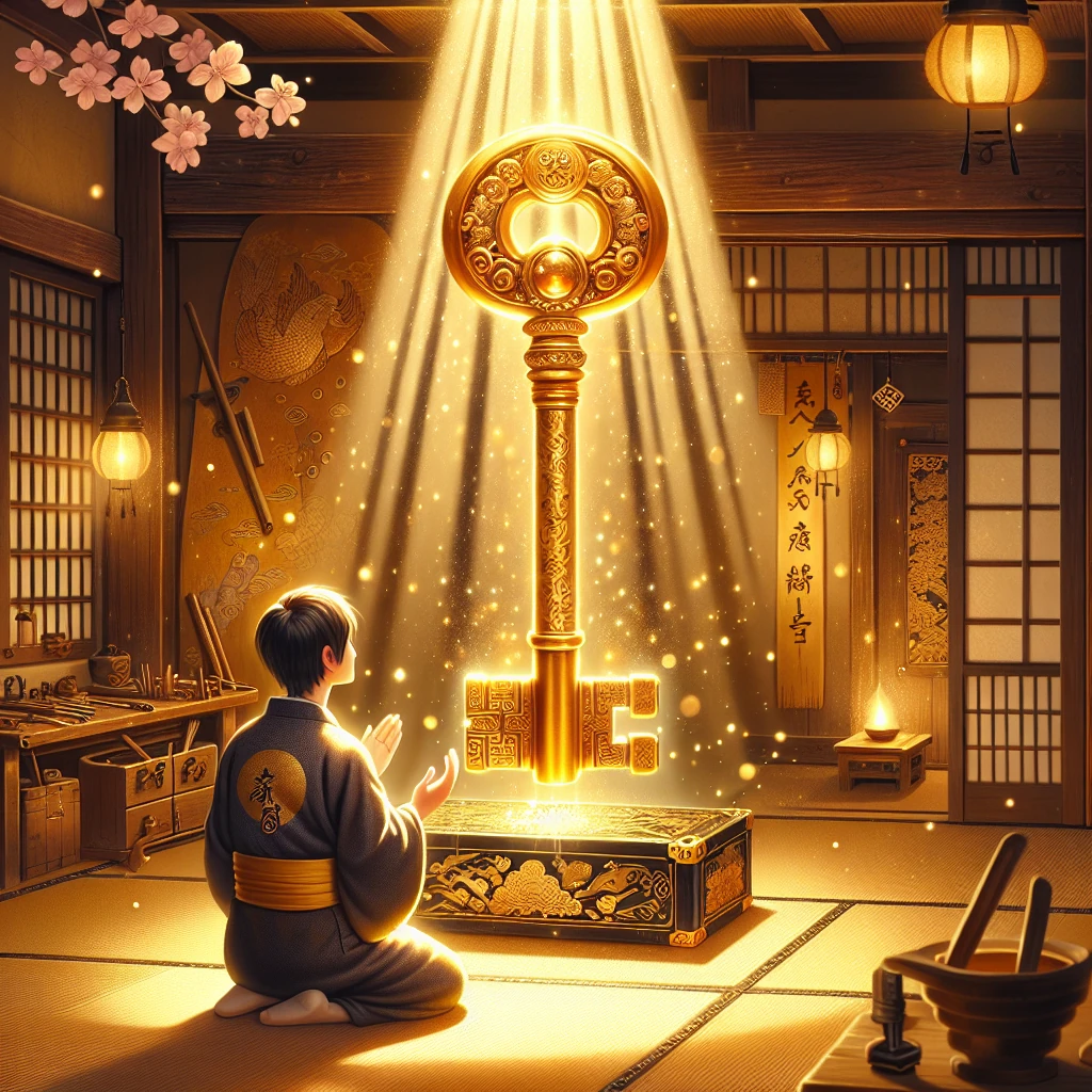 A radiant golden key floating in a beam of sunlight above an ancient wooden chest, surrounded by mystical symbols and glowing particles