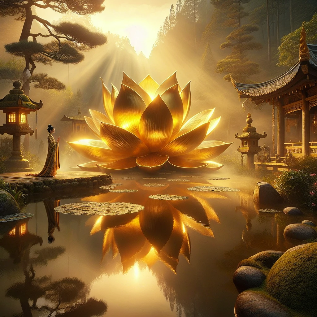 A magnificent golden lotus flower floating on a serene temple pond, glowing with divine light and surrounded by gentle ripples, with a peaceful temple garden setting in the background