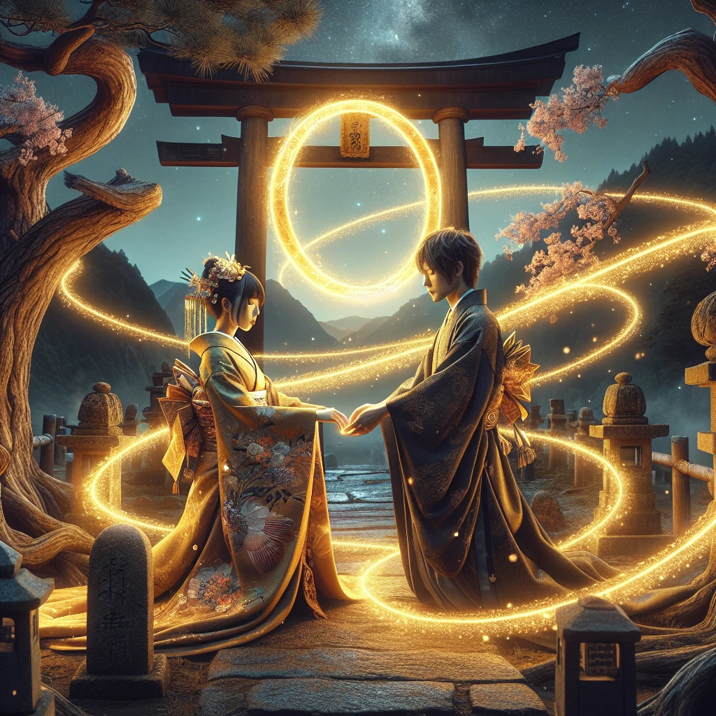 A radiant golden ring floating above a young couple's joined hands, emanating warm light that connects their hearts
