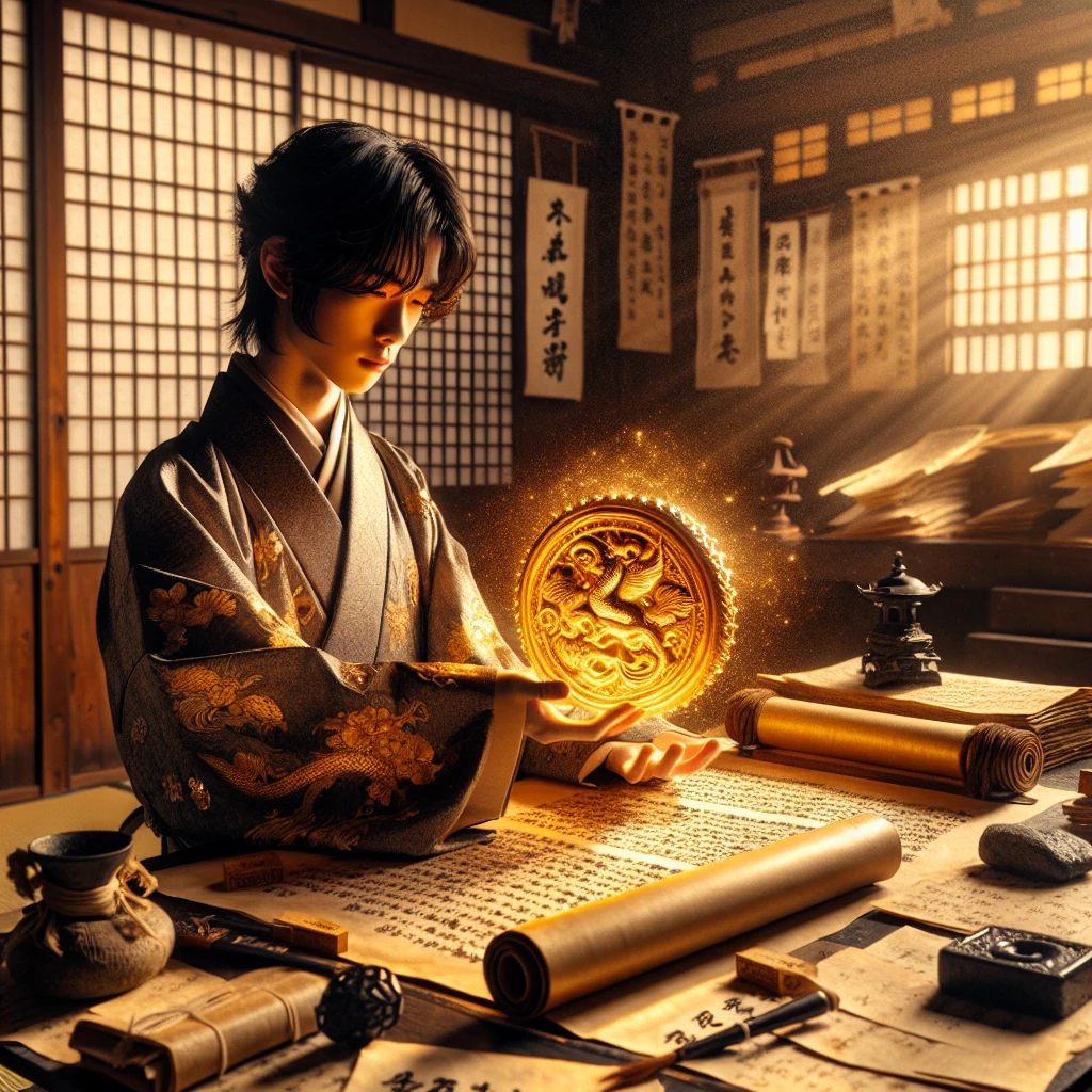 A young scribe holding a magnificent golden seal that glows with divine light, revealing truth and justice
