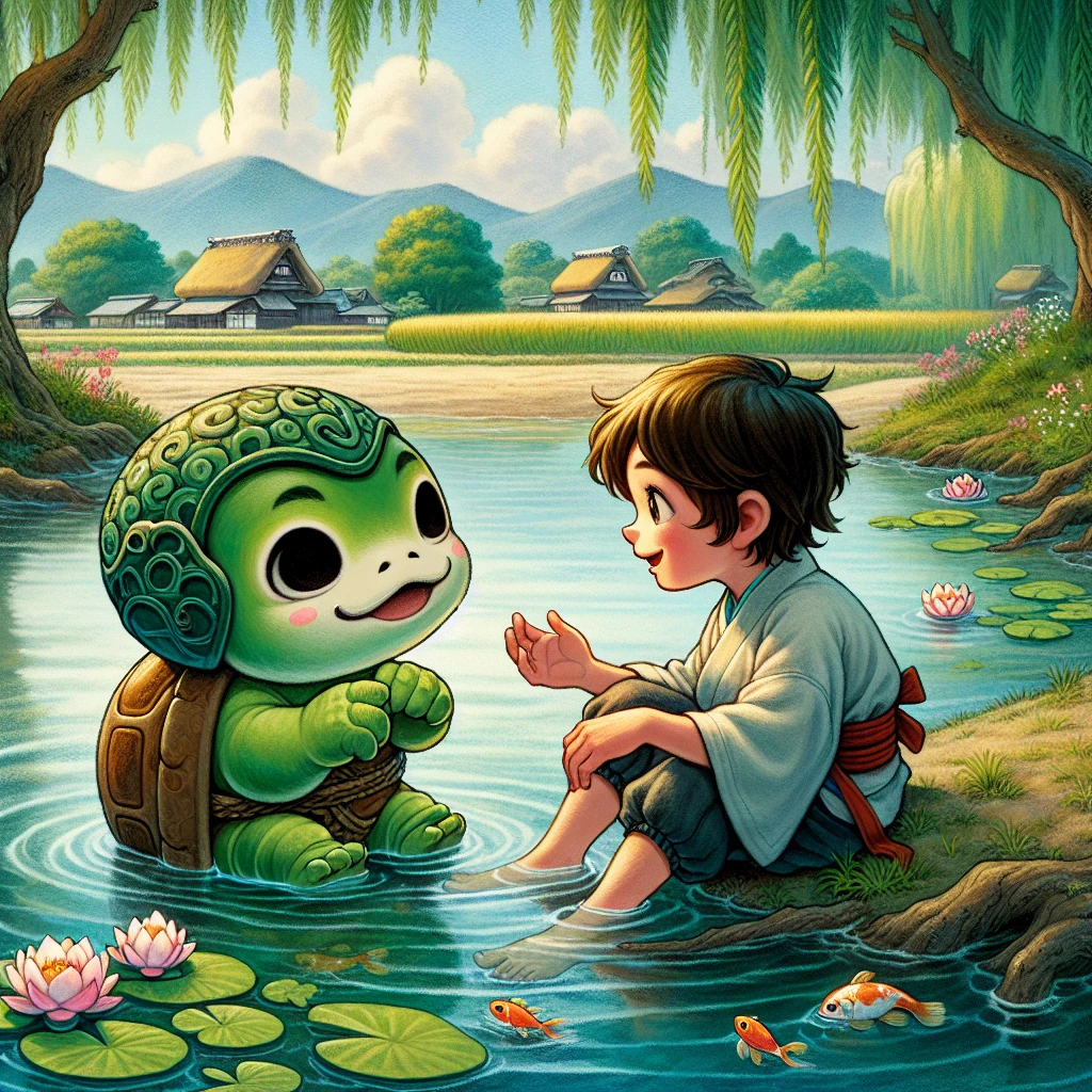 A friendly kappa emerging from clear river water, with its distinctive bowl-shaped head and webbed hands, meeting a young Japanese boy by the riverbank
