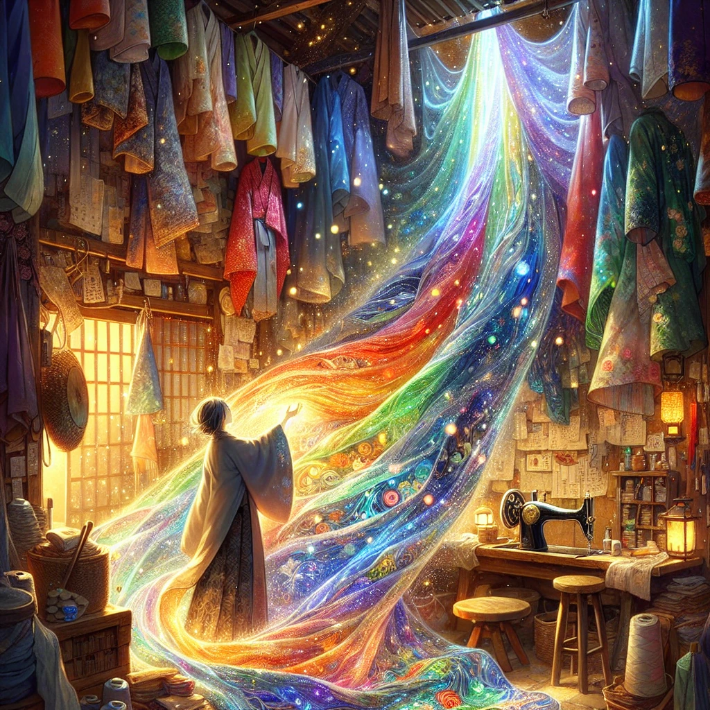 A shimmering magical cloak floating gracefully in the air, emanating warm light and surrounded by sparkles, held by a kind tailor