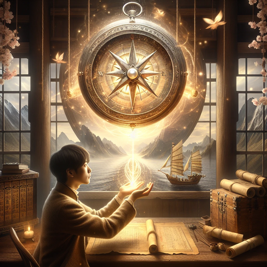 A mystical golden compass floating above an open palm, with its needle glowing and pointing toward a distant mountain path filled with spiritual light