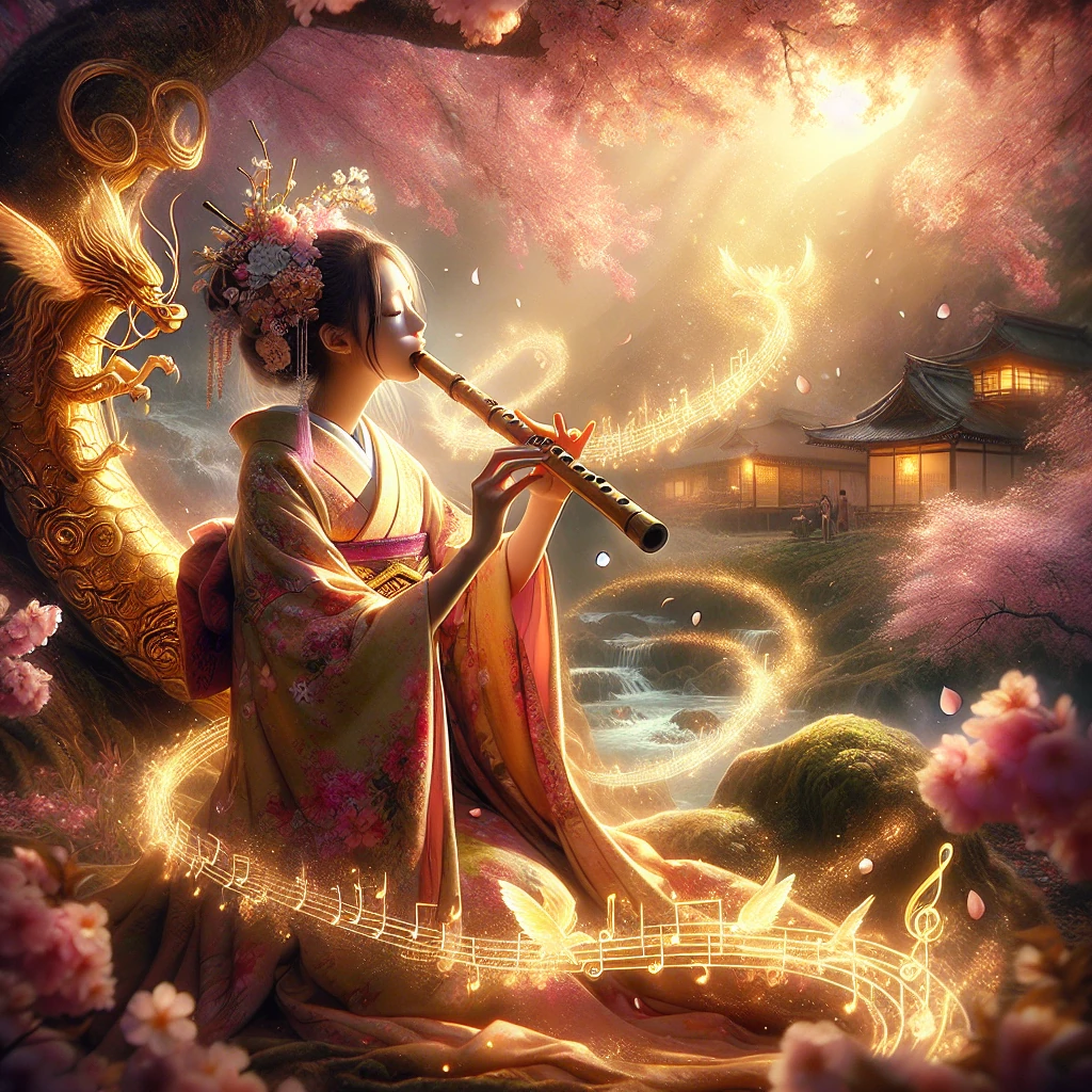 A young Japanese musician in traditional robes playing a glowing bamboo flute under cherry blossoms, with musical notes floating in the air and healing light emanating from the instrument
