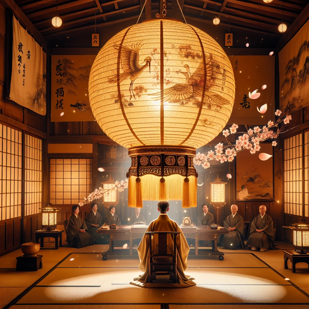 A glowing paper lantern floating in the air casting warm golden light, revealing the truth of a situation in a traditional Japanese courtroom with tatami mats and wooden architecture