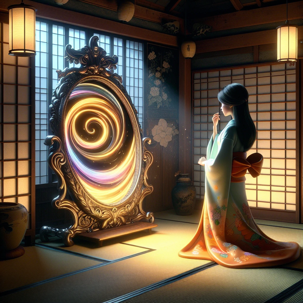 A beautiful ornate mirror with mystical silver frame reflecting not a woman's physical form but swirling colors representing her true inner nature