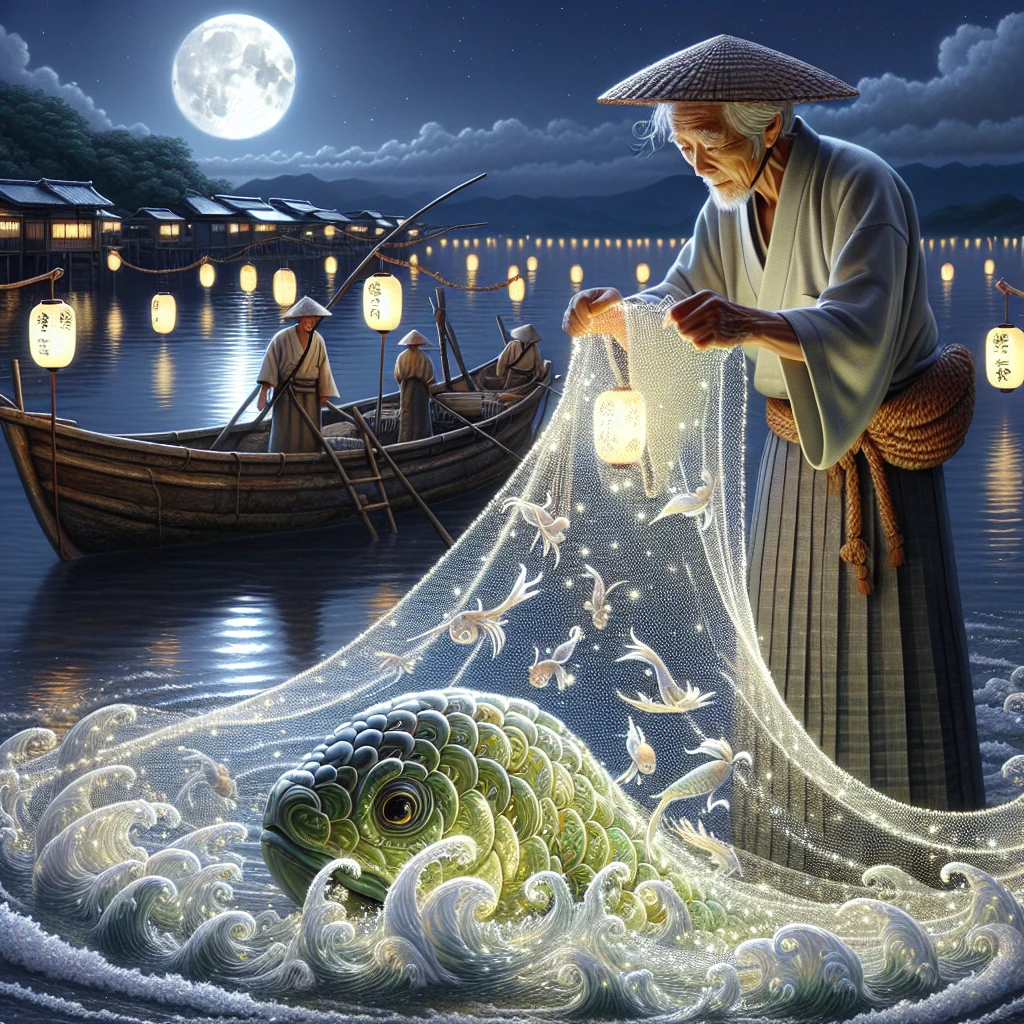 A humble fisherman casting a glowing magical net that sparkles with golden light over moonlit waters