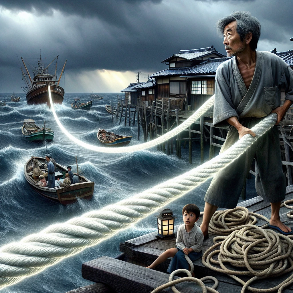 A kind rope maker holding a shimmering magical rope that extends across the harbor to rescue a fisherman
