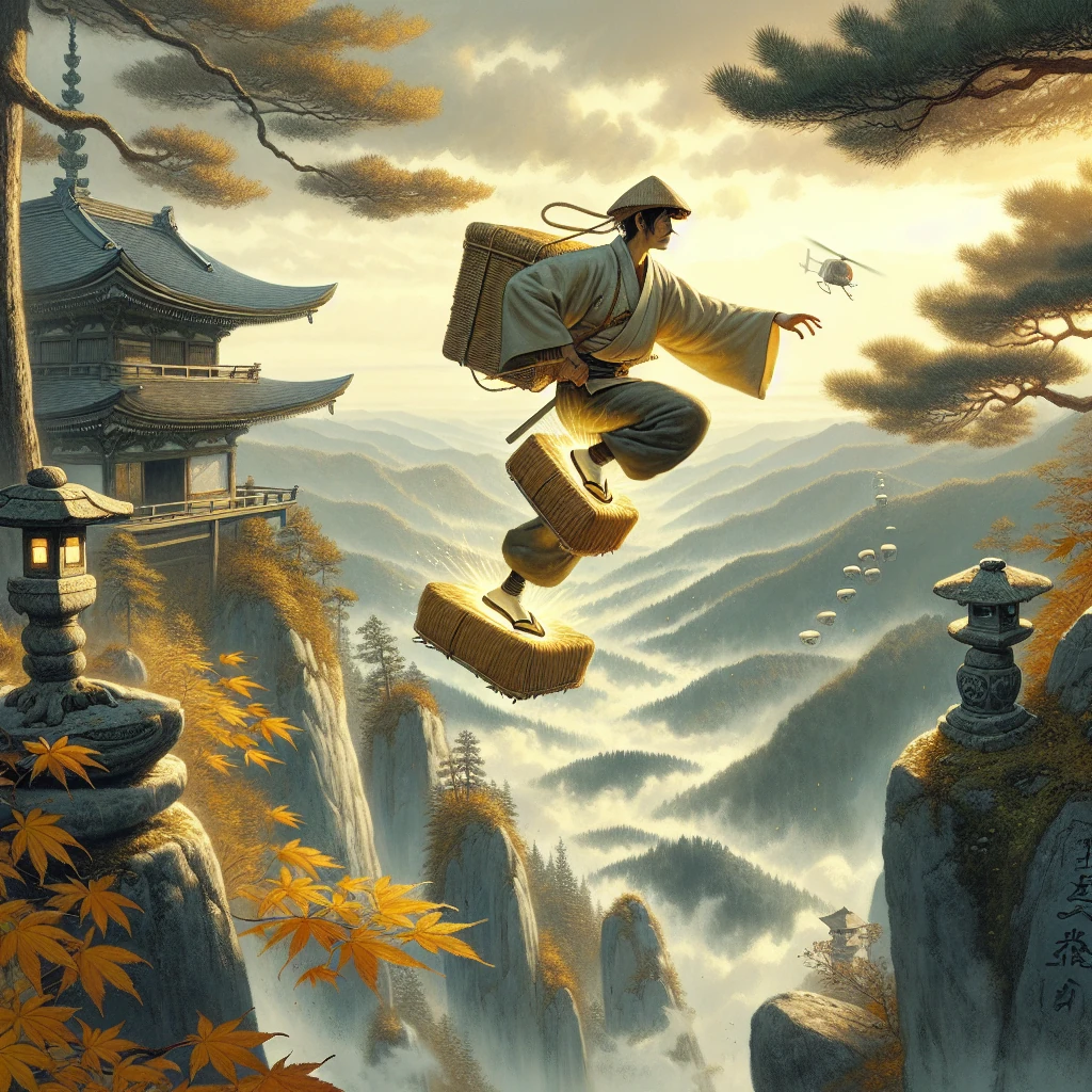 A humble messenger wearing magical straw sandals leaping across a mountain ravine with supernatural ability