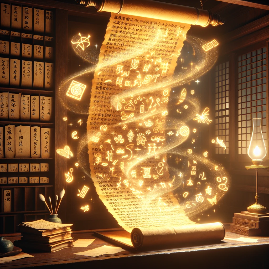 An ancient scroll floating in the air, glowing with golden light and covered in magical characters that shift and change, surrounded by floating books and scholarly items in a traditional Japanese study