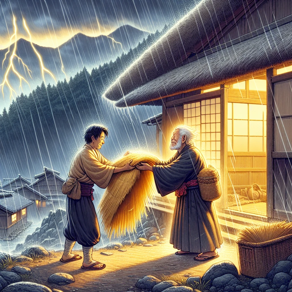 A humble Japanese weaver offering a simple straw coat to a mysterious traveler during a fierce rainstorm