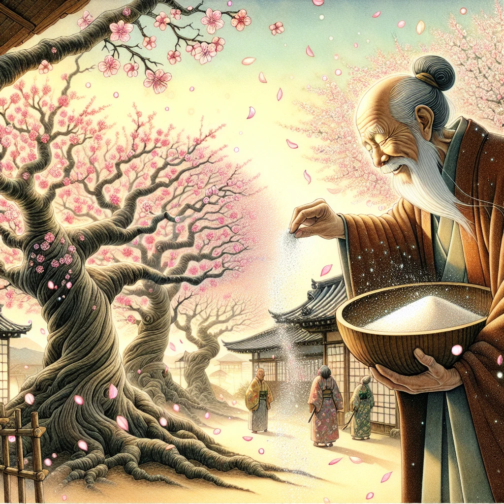 A gentle old man scattering magical ashes that instantly make bare cherry trees burst into beautiful pink blossoms