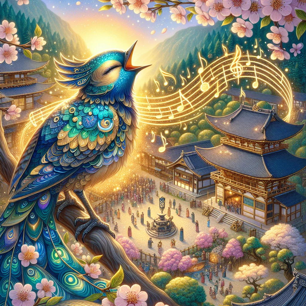 A beautiful bird with iridescent feathers perched on a cherry blossom branch, singing with musical notes floating in the air around it, bringing healing and joy to a traditional Japanese village below