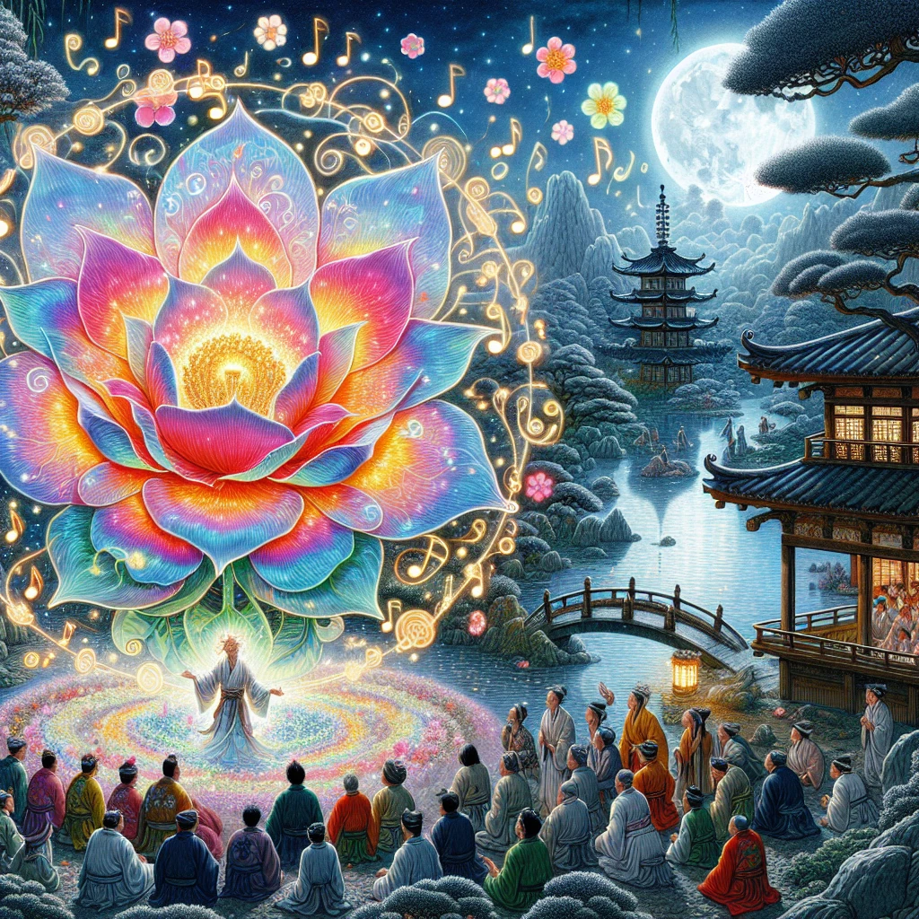 A luminous flower that glows with musical notes floating around it, tended by a gentle gardener in a moonlit garden