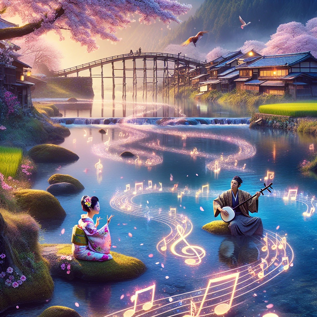 A crystalline river flowing through a peaceful Japanese landscape, with musical notes floating above the water and a young woman with a shamisen sitting by the riverbank