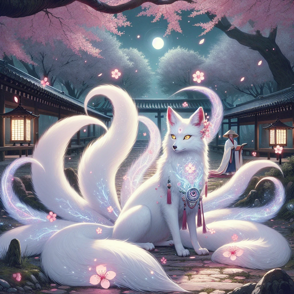 An elegant white fox with nine flowing tails and intelligent golden eyes sitting beneath cherry blossoms, its form shimmering between physical and spirit states as it watches a scholar with mysterious wisdom