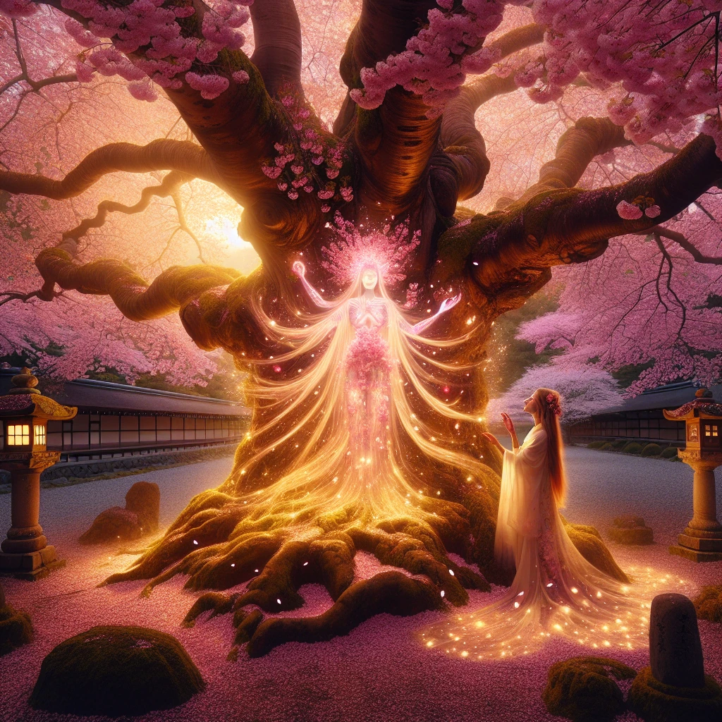 A majestic ancient cherry tree in full bloom with a gentle spirit maiden emerging from its trunk, surrounded by falling pink petals and soft ethereal light in a traditional Japanese garden setting