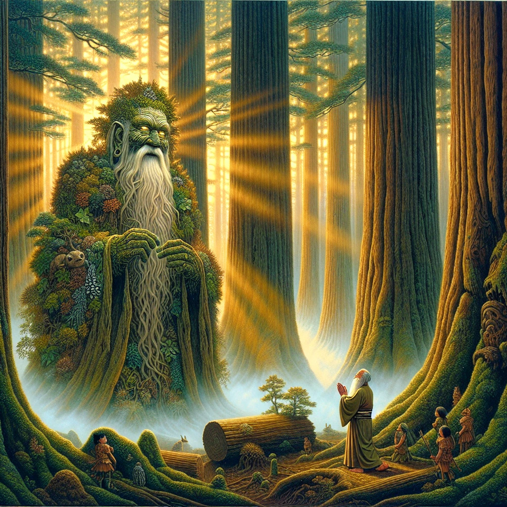 A majestic mountain spirit emerging from ancient pines and mist, appearing as an elderly sage with robes made of moss and leaves, meeting a humble woodcutter