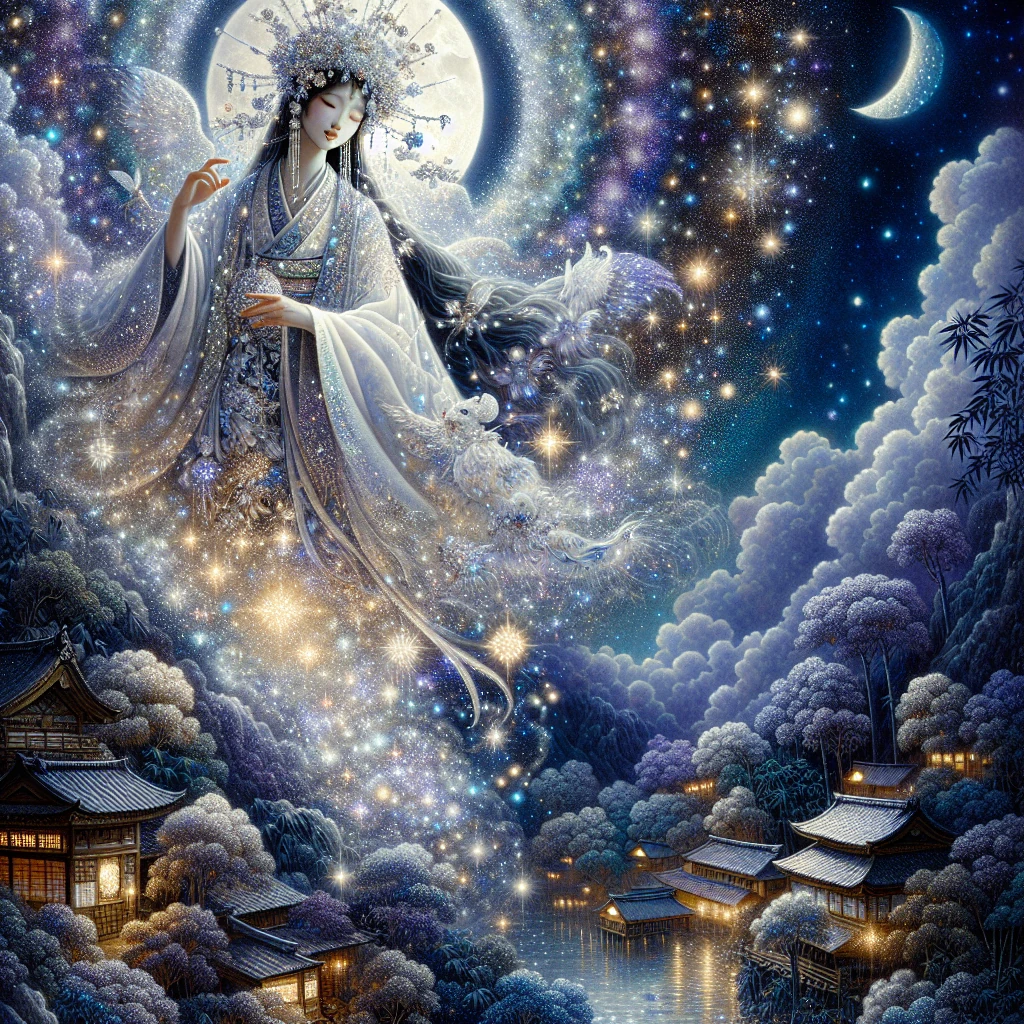 A luminous princess in flowing white robes that seem woven from starlight, standing in a bamboo grove while celestial light emanates from her form