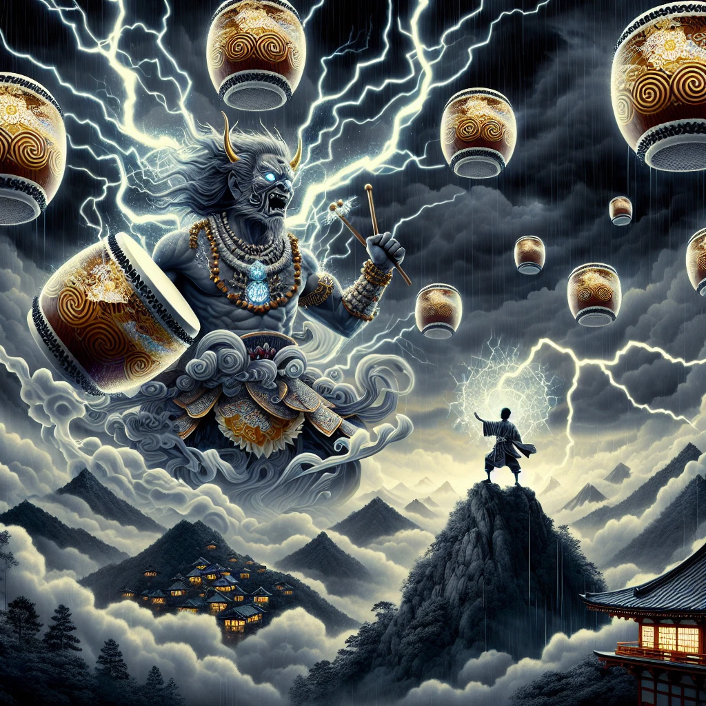 A magnificent Thunder God with drums floating in storm clouds, reaching down toward a young Japanese drummer during a dramatic thunderstorm