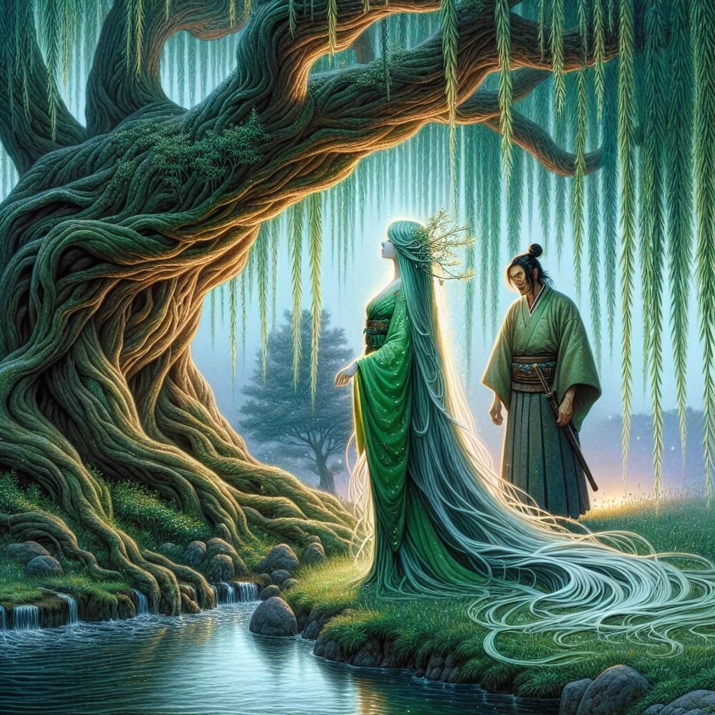 A graceful woman in flowing green robes standing beneath a magnificent weeping willow tree, with long silvery-green hair that blends with the willow branches