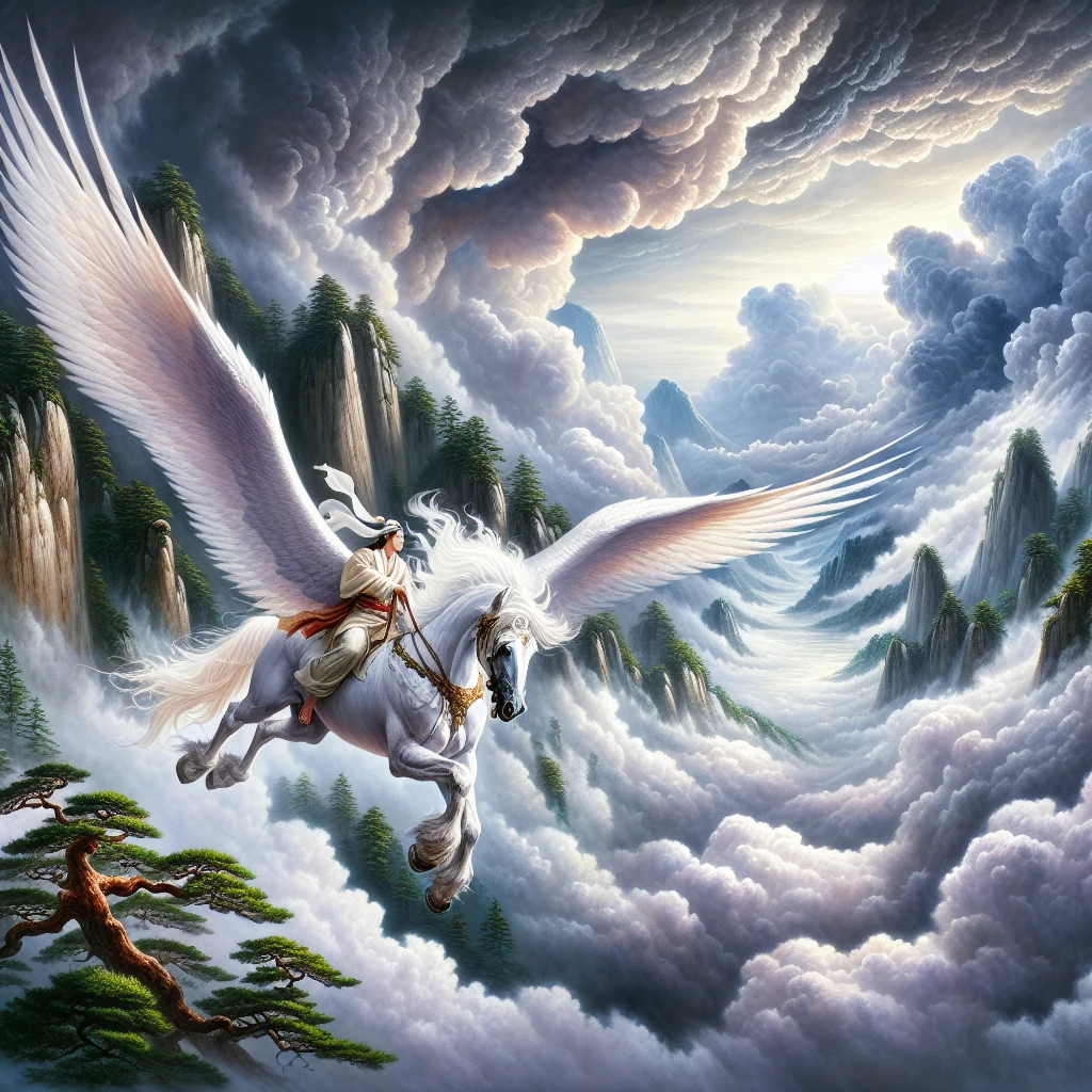 A magnificent winged horse soaring above Korean mountains with a young rider experiencing the joy of flight