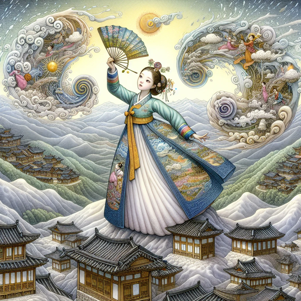 A young Korean girl holding an ornate magical fan that creates swirling winds and weather patterns around her