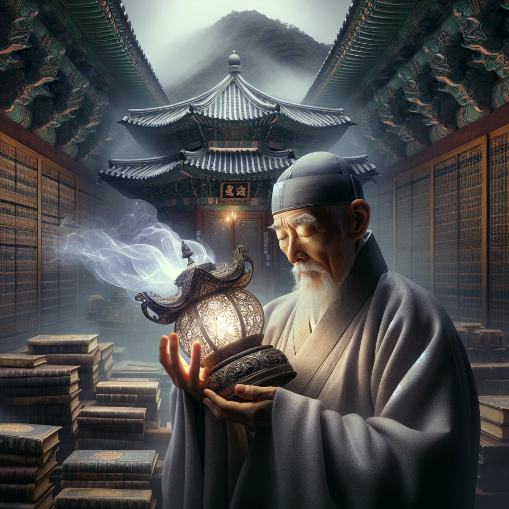 An elderly Korean temple keeper holding a glowing magical lamp that casts warm light throughout a traditional Buddhist temple