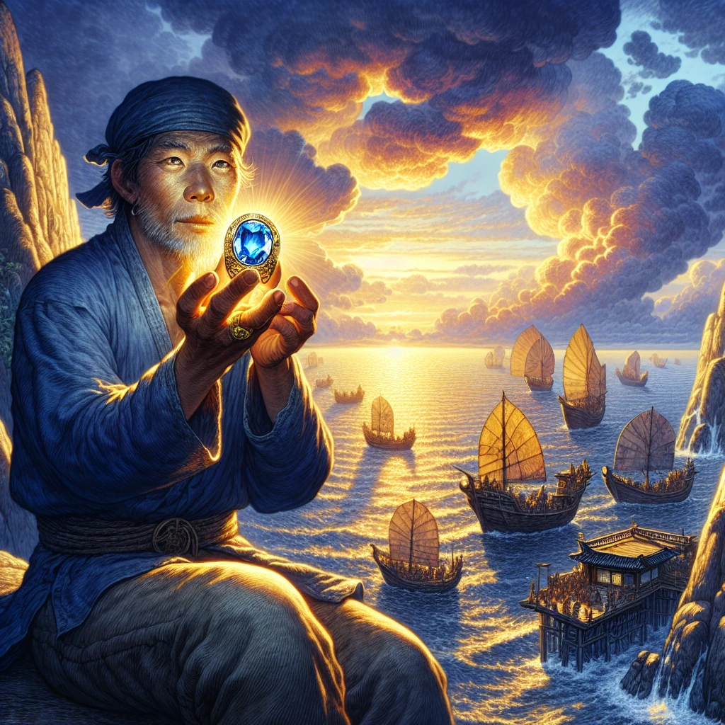 An ancient golden ring glowing with mystical light in the hands of a humble Korean fisherman by the seashore