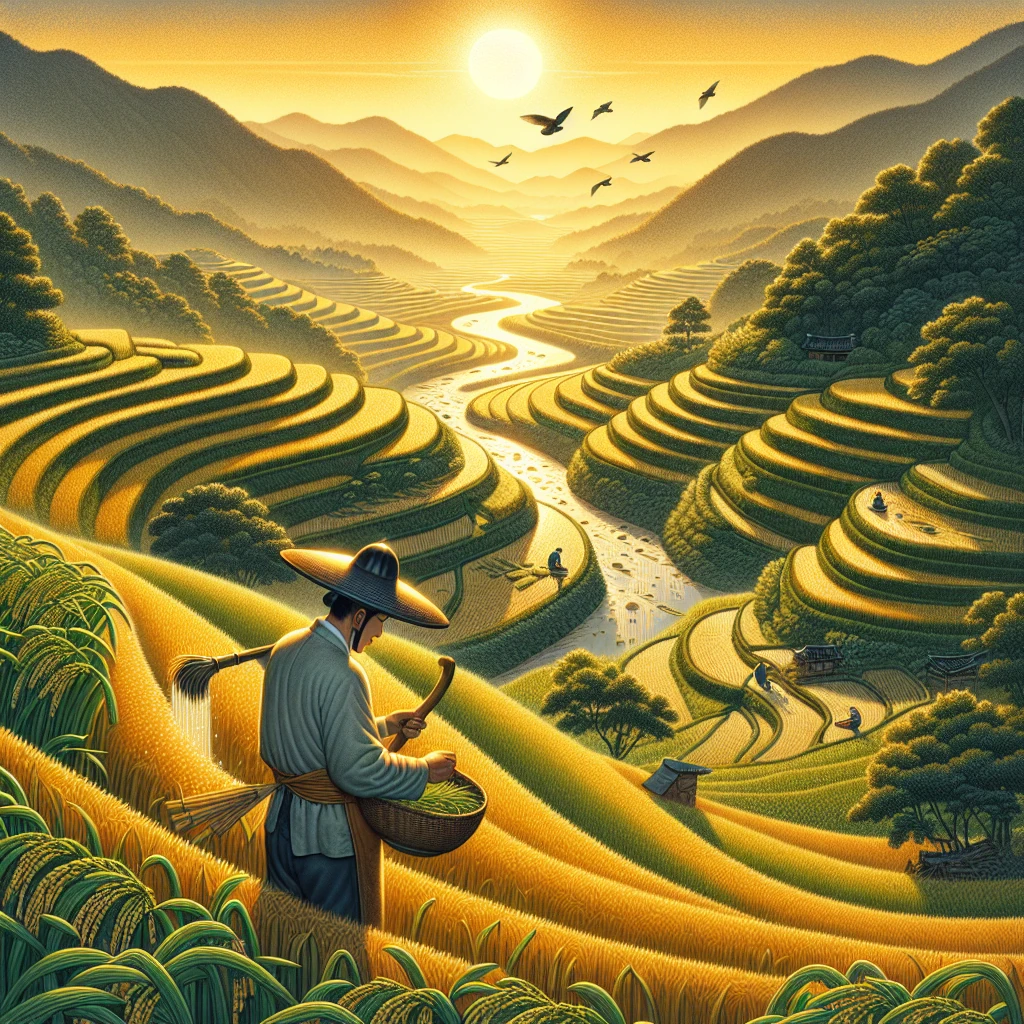 A Korean farmer working harmoniously in terraced rice fields with the spirits of nature blessing his crops