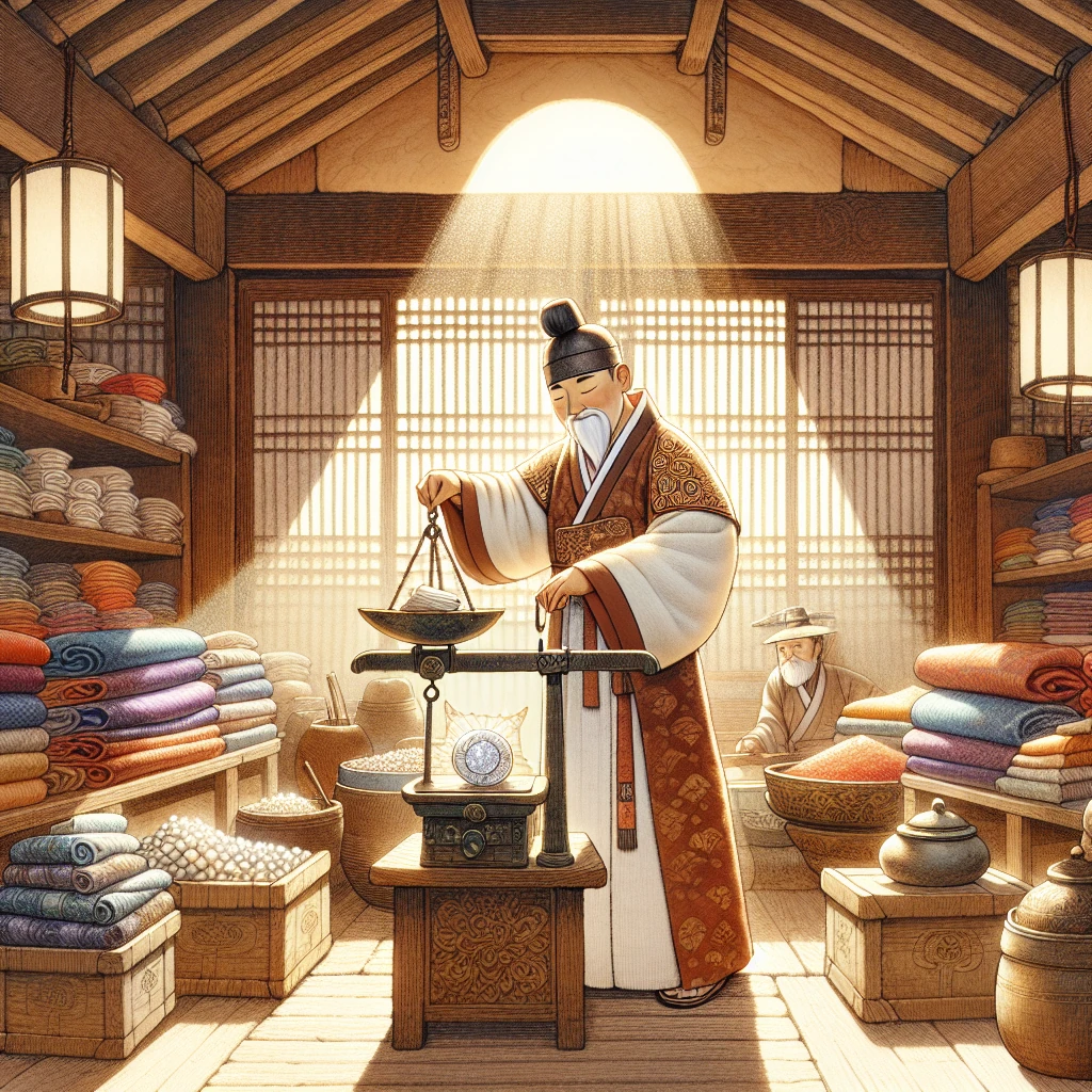 A Korean merchant weighing goods fairly in his traditional shop while customers watch with trust