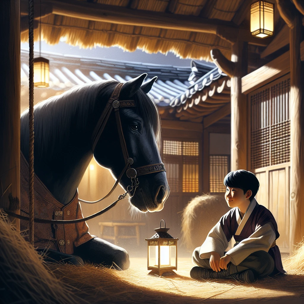 A young Korean stable boy having a conversation with a wise-eyed horse in a traditional stable
