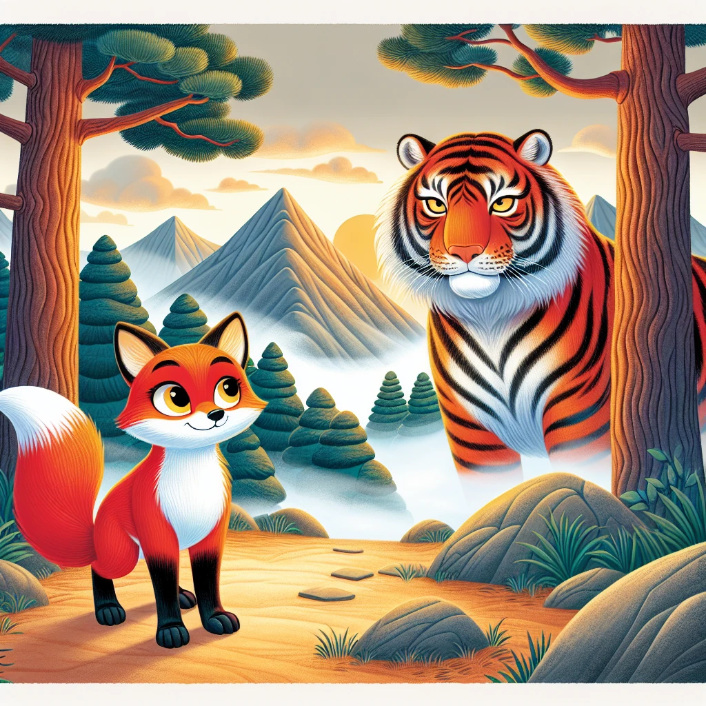 A clever red fox facing a large tiger in a Korean mountain forest