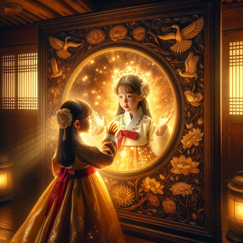 A young Korean girl looking into an ornate magical mirror that glows with warm light