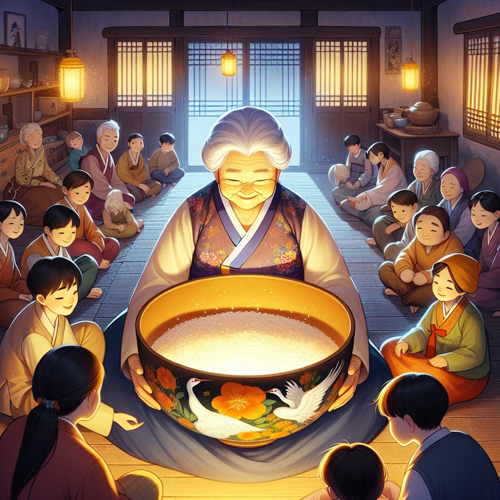 An elderly Korean woman with a glowing rice bowl surrounded by hungry neighbors in a humble home
