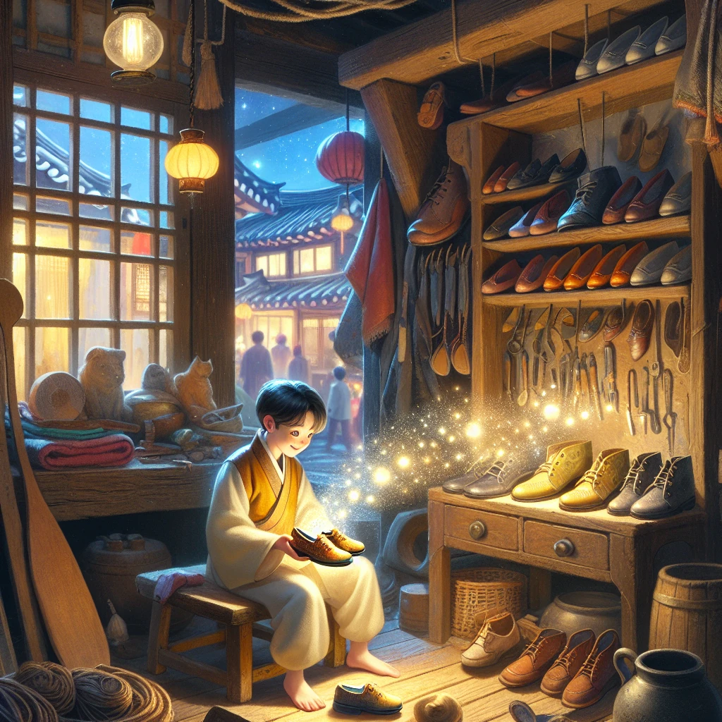 A young Korean cobbler holding glowing magical shoes that shimmer with ethereal light