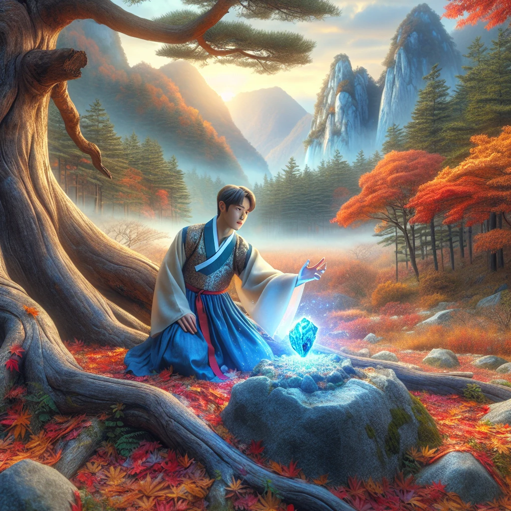 A young Korean farmer kneeling beside a glowing stone in a mountain forest clearing