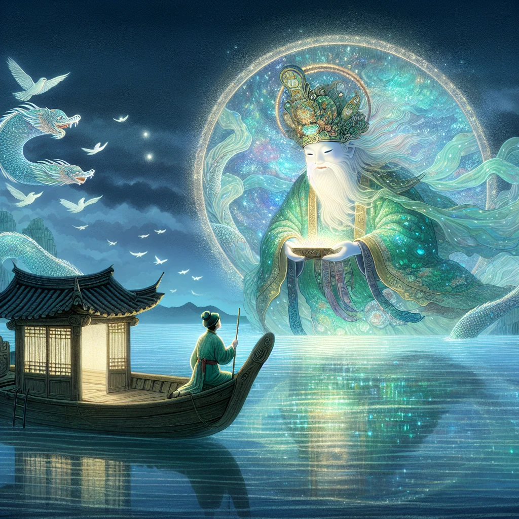 A humble Korean fisherman by the sea receiving a glowing gift from the Dragon King