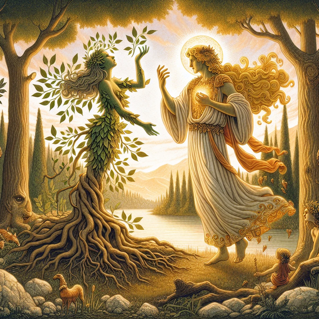 Daphne transforming into a laurel tree as Apollo reaches for her