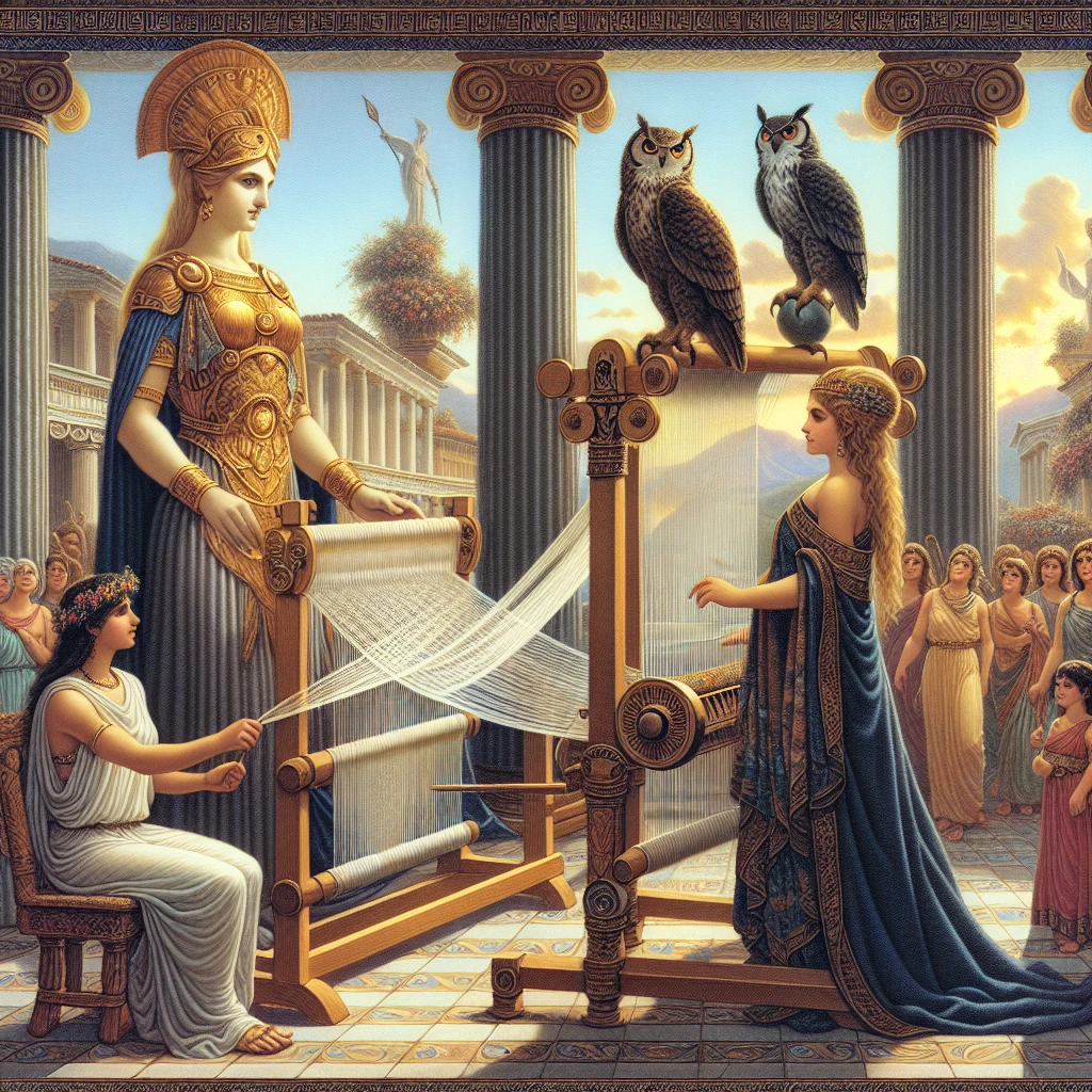 Arachne and Athena at their looms, comparing their magnificent tapestries