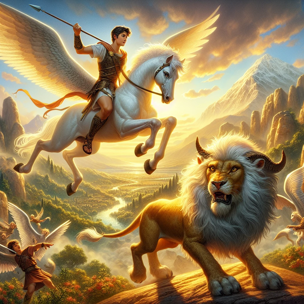 Bellerophon mounted on Pegasus, the winged horse, soaring above the fire-breathing Chimera