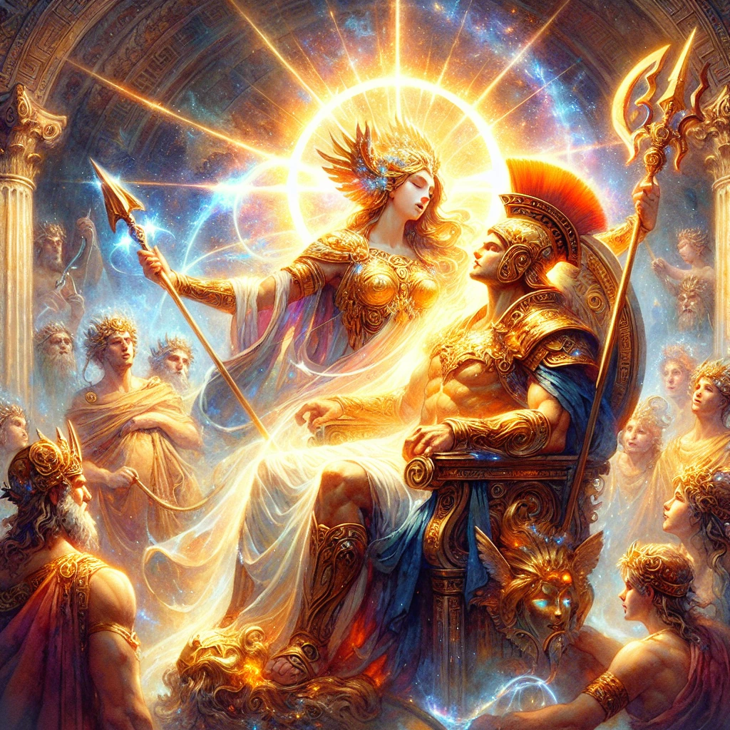 Athena emerging fully grown and armored from Zeus's head