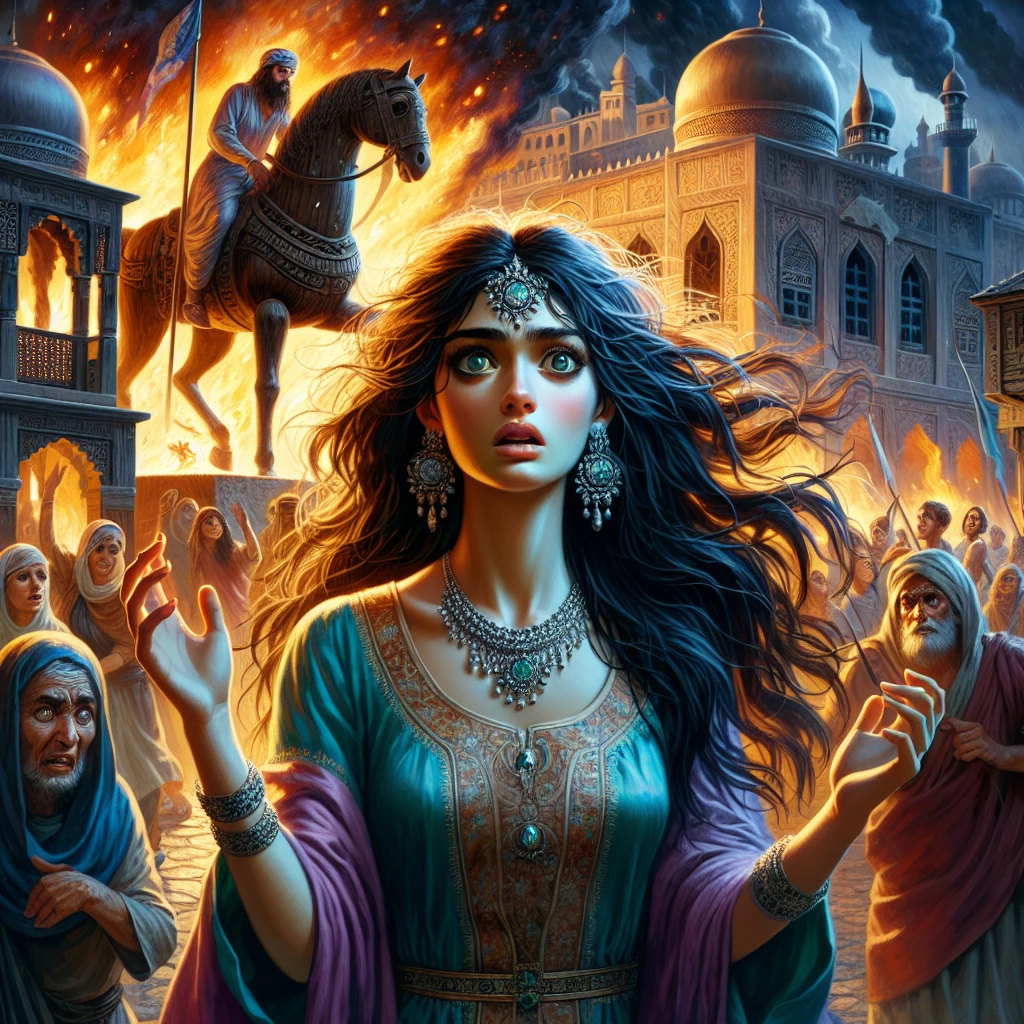 Cassandra with wild eyes and disheveled hair, desperately trying to warn disbelieving Trojans about impending doom