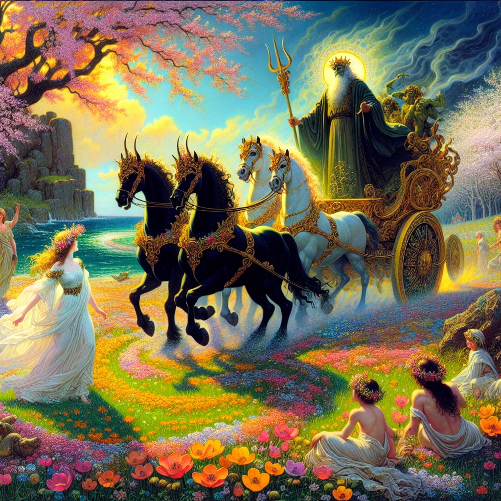 Demeter reaching out as Hades carries away Persephone in his dark chariot