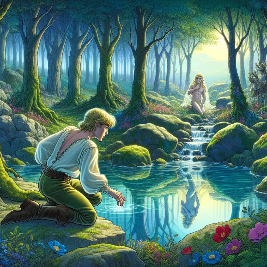 Narcissus gazing at his reflection while Echo watches from behind trees