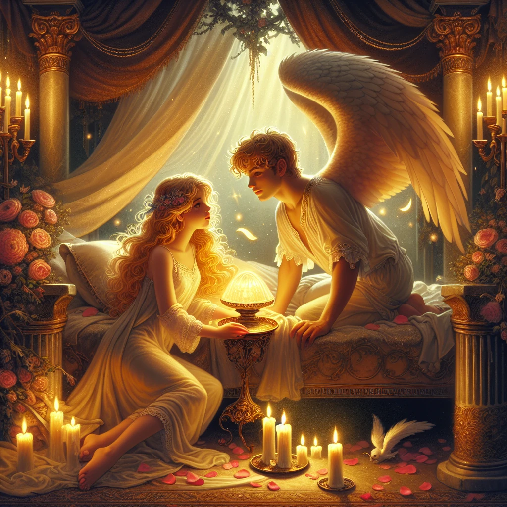 Psyche holding a lamp over the sleeping Eros, revealing his divine beauty