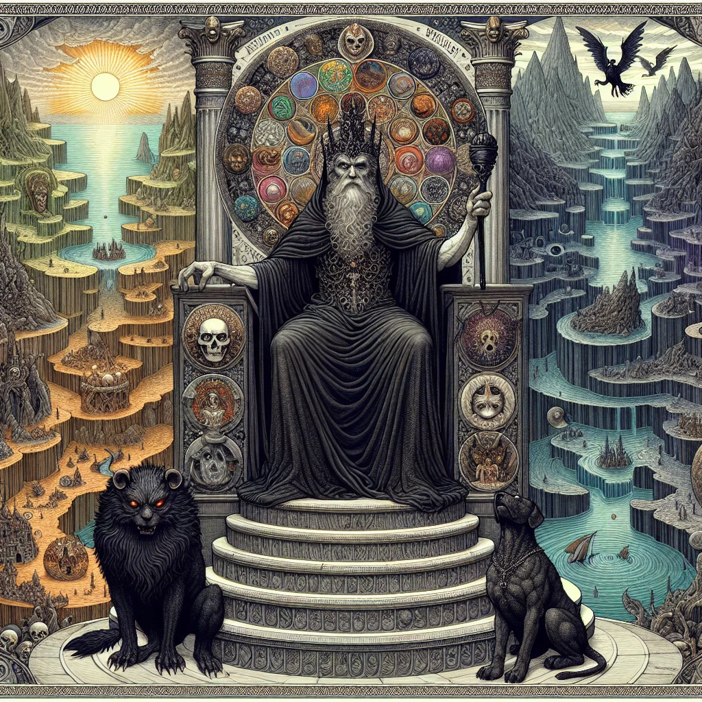 Hades sitting on his obsidian throne with Cerberus at his feet, overlooking the vast, shadowy underworld